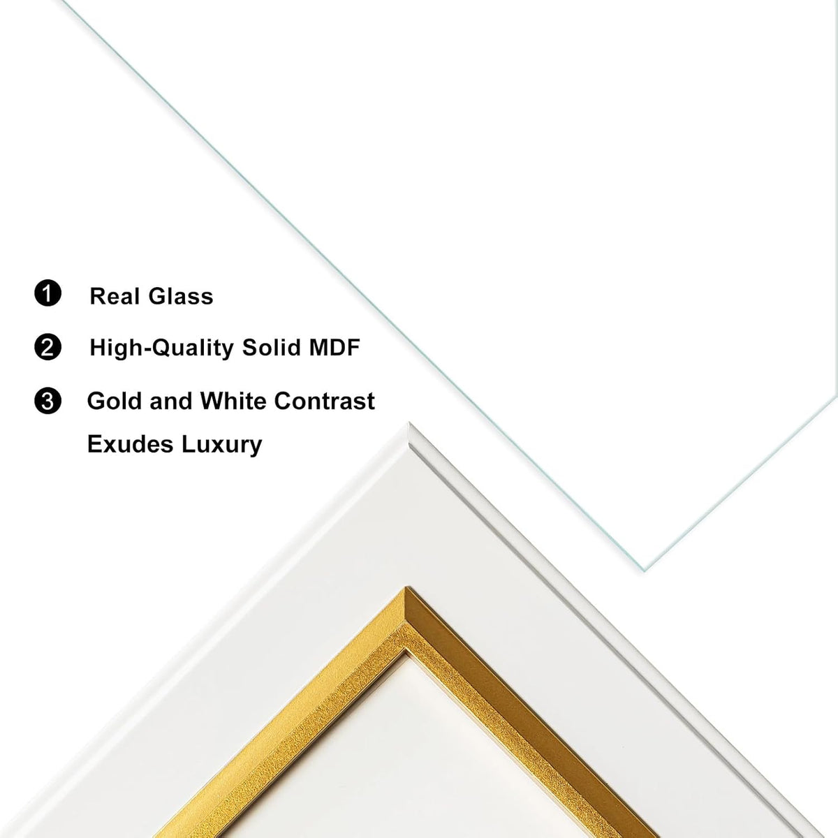 4x6 White Wood Picture Frame with Real Glass, Gold Inner Border, Vertical and Horizontal for Tabletop or Wall Hanging