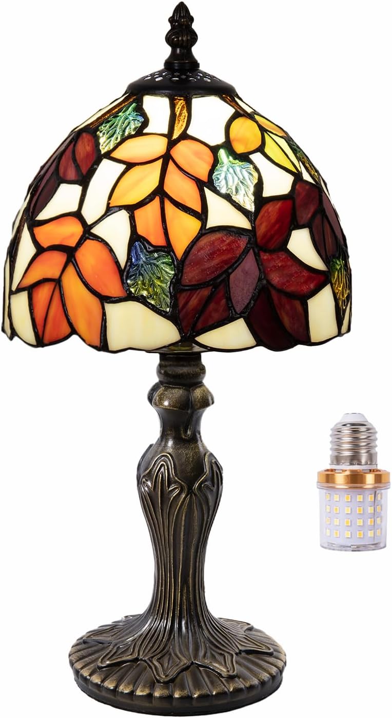 Small Tiffany Table Lamp 8 inch Red Leaves Stained Glass