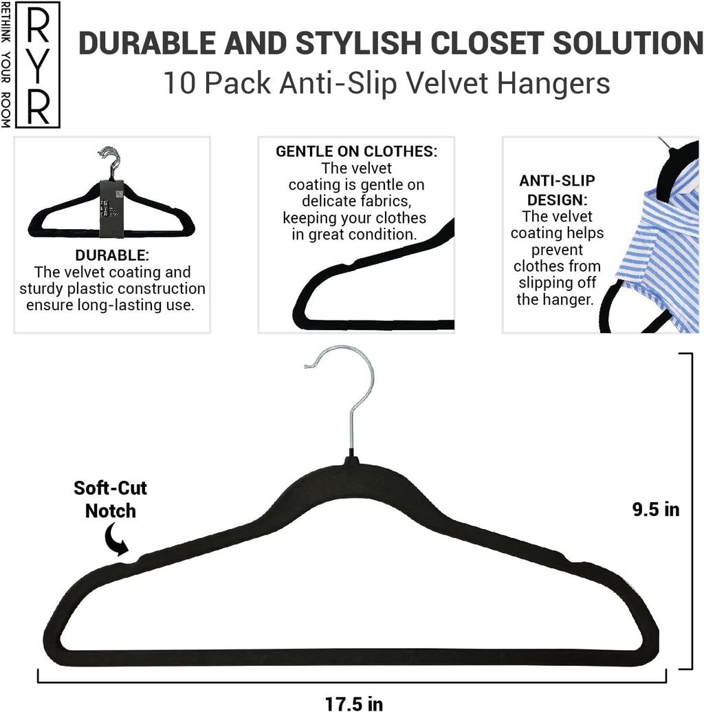 10 Pack Velvet Hangers - Non-Slip and Space-Saving Closet Organizers - Durable Soft-Touch, Black Hangers for Clothes, Coats, and Wardrobe Essentials Luxury, Ganchos De Ropa, Gift