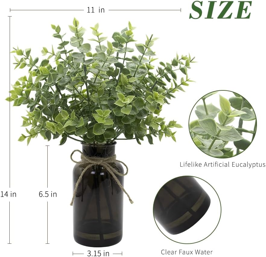 Fake Eucalyptus Stems in Black Glass Vase with Faux Water for Home Decor