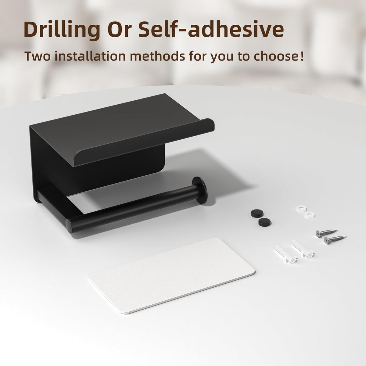 Adhesive Toilet Paper Holder with Shelf, Stainless Steel, Black