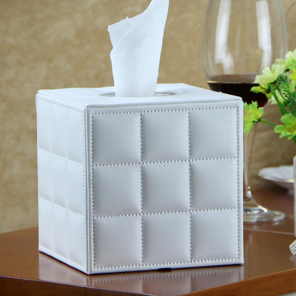 Square PU Leather Tissue Box Cover Holder with Magnetic Bottom(White Grid)
