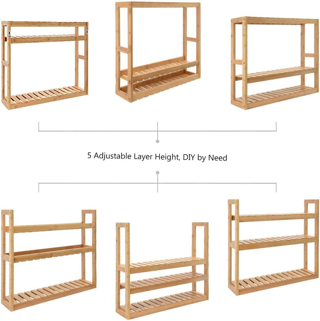 Domax Bamboo Bathroom Shelf 3-Tier Wall Mount Storage Rack Multifunctional Adjustable Layer Free Standing Over Toilet Utility Shelves Living Room Kitchen (Bamboo)