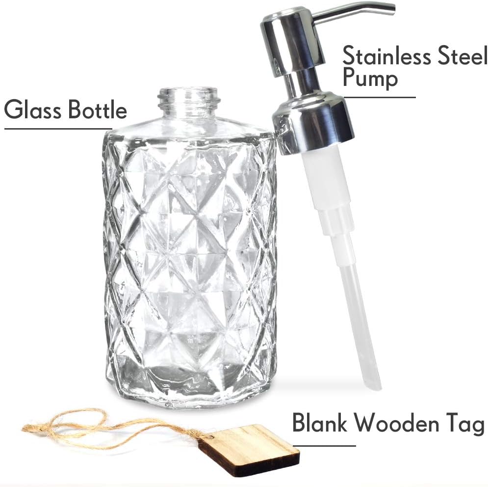 JASAI Diamond Design 12 Oz Glass Soap Dispenser with Rust Proof Pump