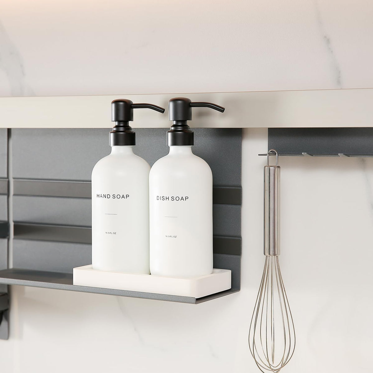Prus Waso Kitchen Soap Dispenser Set, White Soap Dispenser with Black Stainless Steel Pump, Perfect for Modern Kitchen Decor. (White)