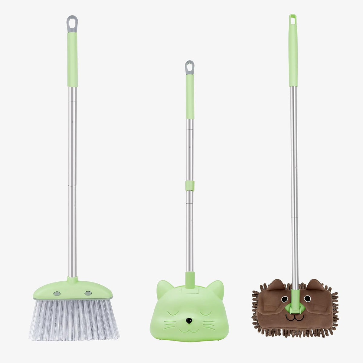Toddler Cleaning Toy Set-28'' Kids Mini Broom with Dustpan & Mop, Toddler Household Helper, Parent-Child Interactive Play Cleaning Tool, Cute Cartoon Design, Small Safe Corner Broom (Green)