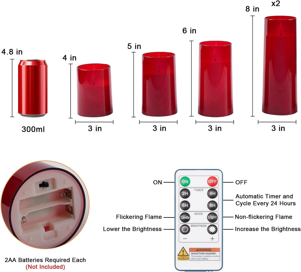 Raycare Battery Operated Flameless Pillar Candles with Remote Timer, Red