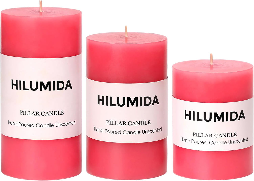 Pink Pillar Candles Set of 3 - Valentines Day Pink Candles Decorations, Hand-Poured Unscented Candle, Smokeless Decorative Candle for Home, Set of 3 in Different Sizes (4", 5", 6")