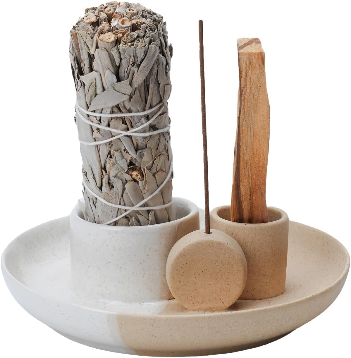 4 in 1 Incense Holder, Ceramic Incense Stick and Palo Santo Holder,Sage Holder for Burning- 4.25" Ceramic Ash Catcher Tray for Meditation and Yoga Room (White Sand)