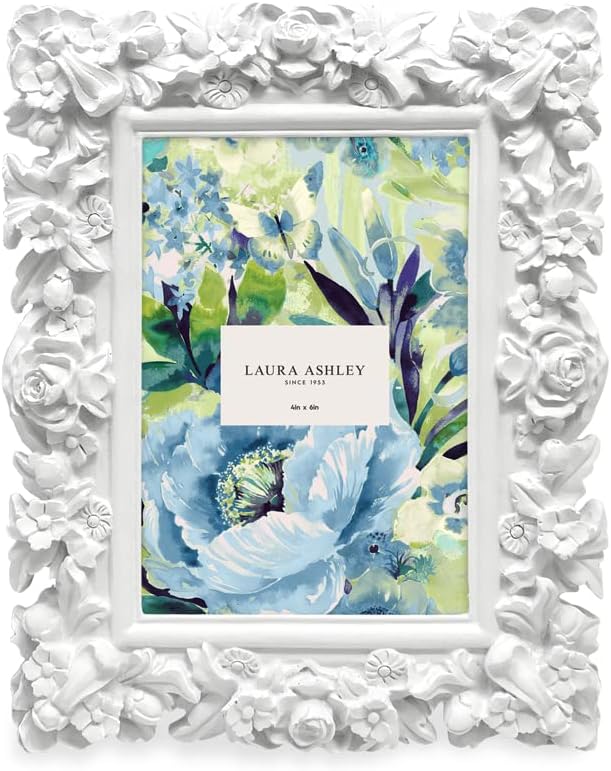 Laura Ashley 4x6 White Floral Textured Hand-Crafted Picture Frame w/Easel