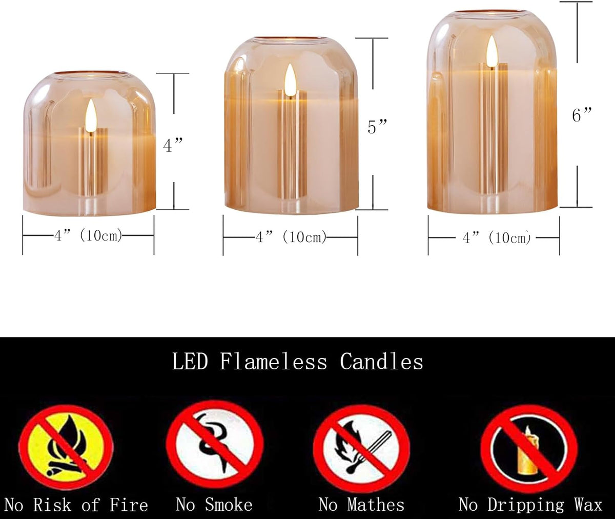 volnyus Gold Glass Flameless Candles with Remote Battery Operated Flickering LED Pillar Candles Real Wax 3D Wick Φ4 H 4" 5" 6"