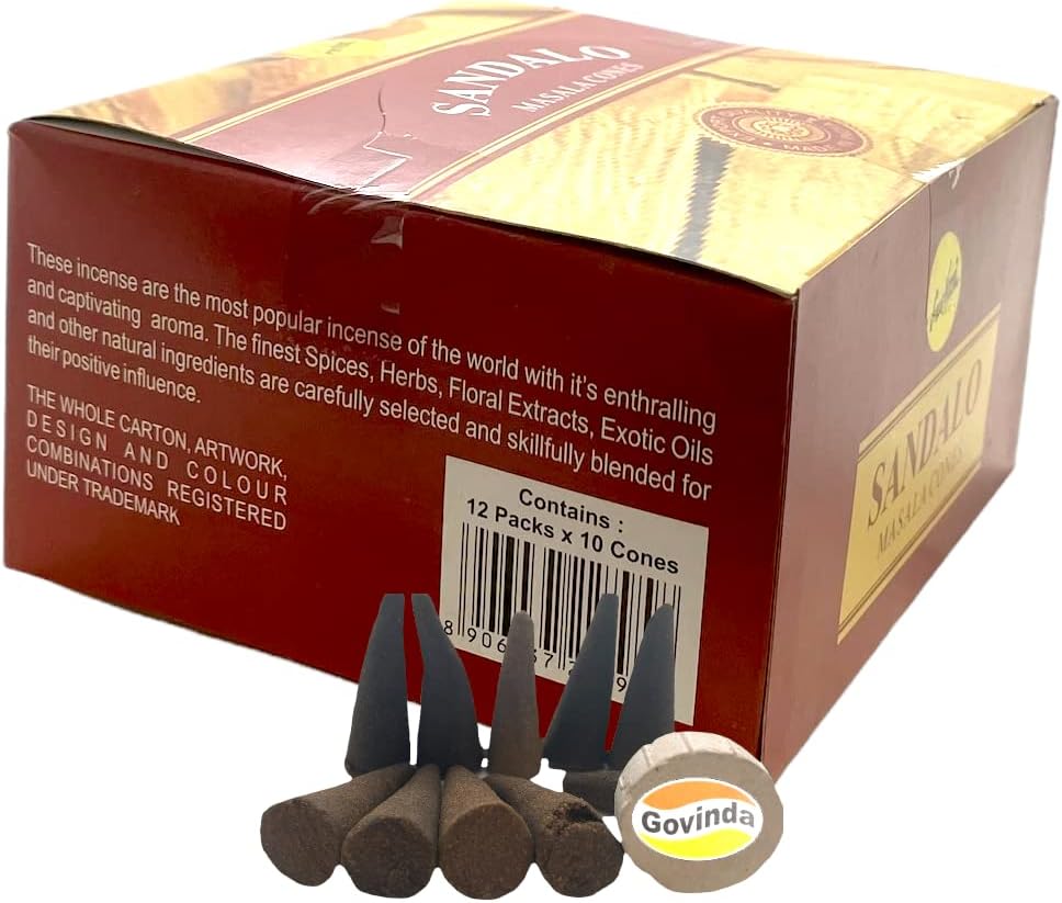 Sreevani Natural Masala Incense Cones and Holder Bundle, 120 Cones Total, Sandalo