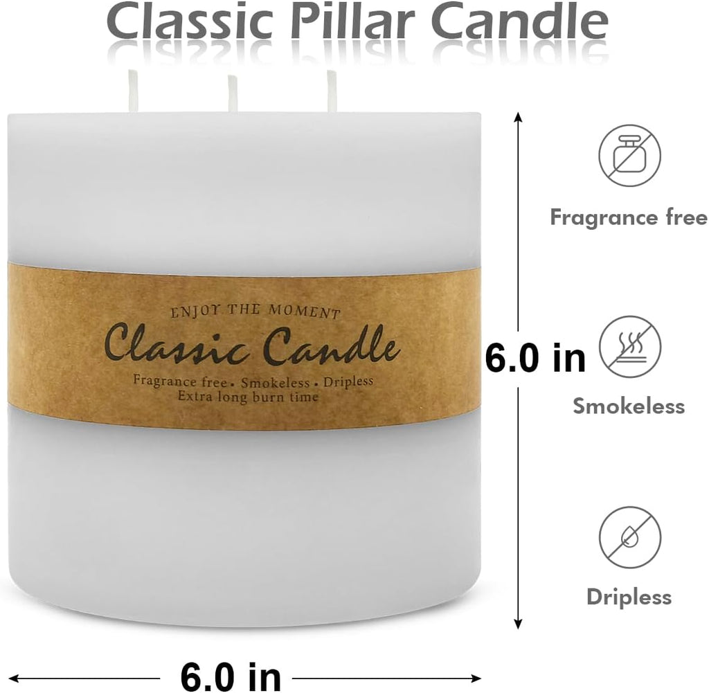 Large 3-Wick White Pillar Candle for Home Decoration - 6x6 Inch