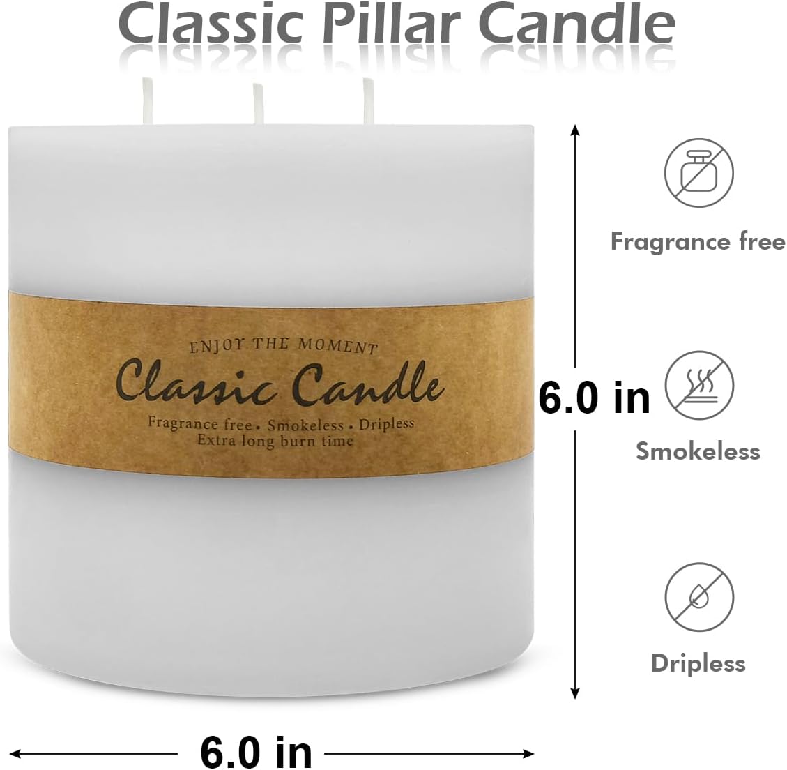 Large 3-Wick White Pillar Candle for Home Decoration - 6x6 Inch