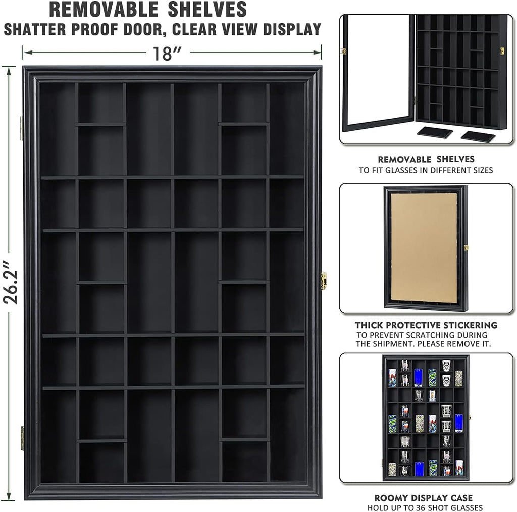 Shot Glass Storage Display Case 36-Slot Lockable Wooden Cabinet Rack Holder