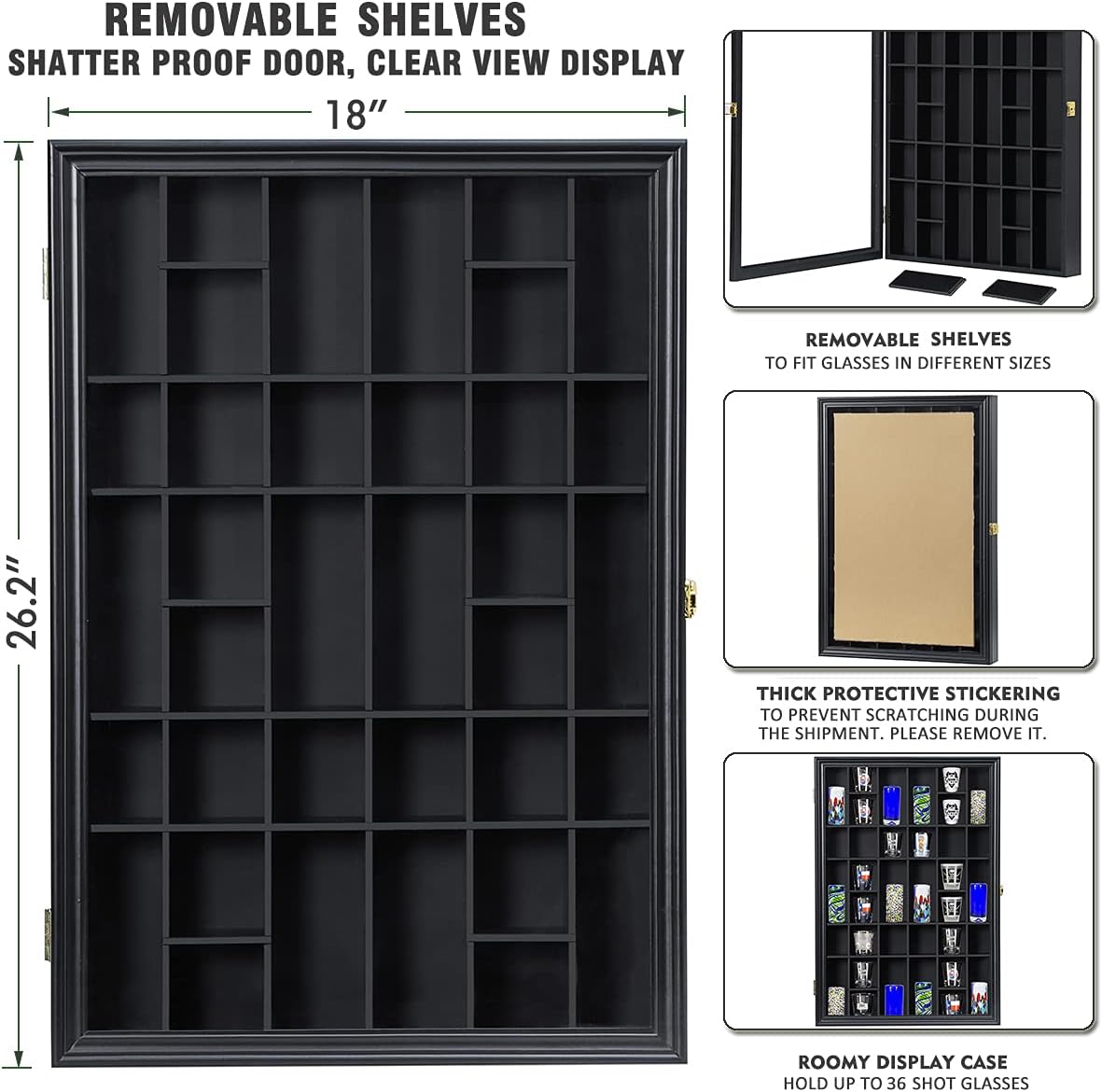 Shot Glass Storage Display Case 36-Slot Lockable Wooden Cabinet Rack Holder