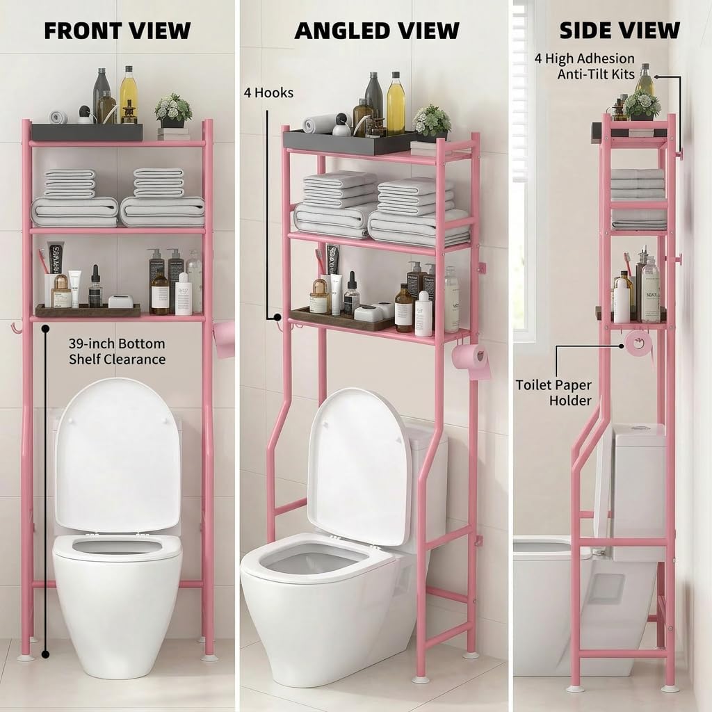 GloTika 3-Tier Over Toilet Storage Cabinet, No Drilling, 64" H, Pink