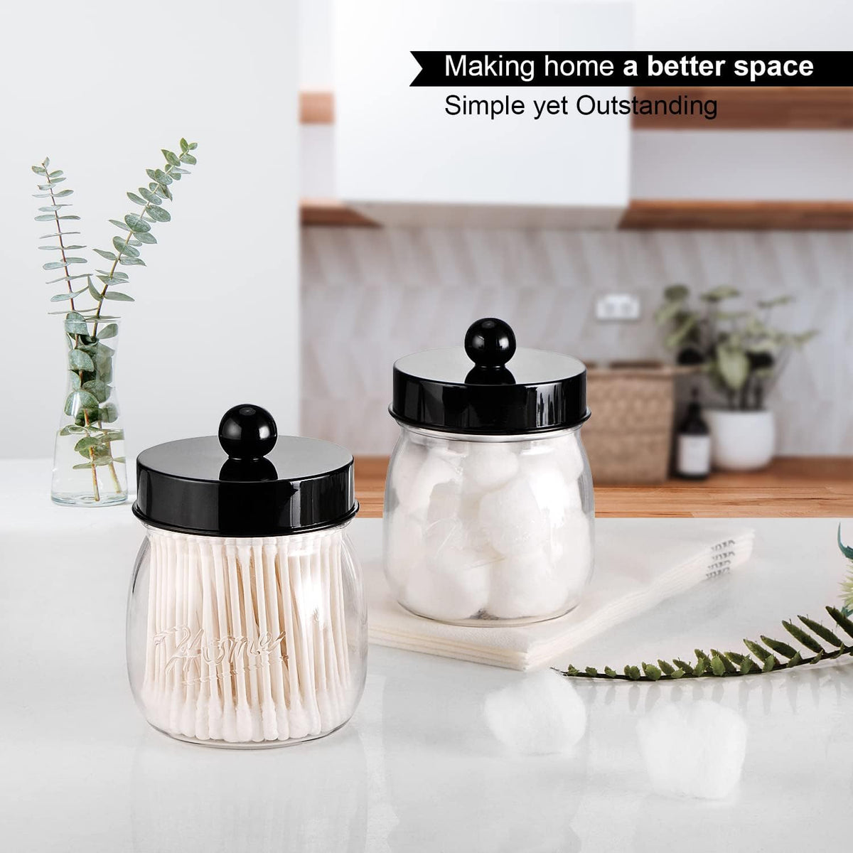 SheeChung 2 Pack Acrylic Mason Jar Qtip Holder Dispenser with Labels, Black