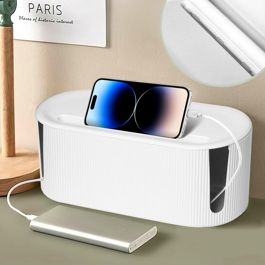 Cable Management Box,Desk Cord Organizer with Groove Cover,Plastic Cord Hider Box,Large Cable Box Organizer,Power Socket Management for TV/Computer/Router/Games Console Cable Storage (White)