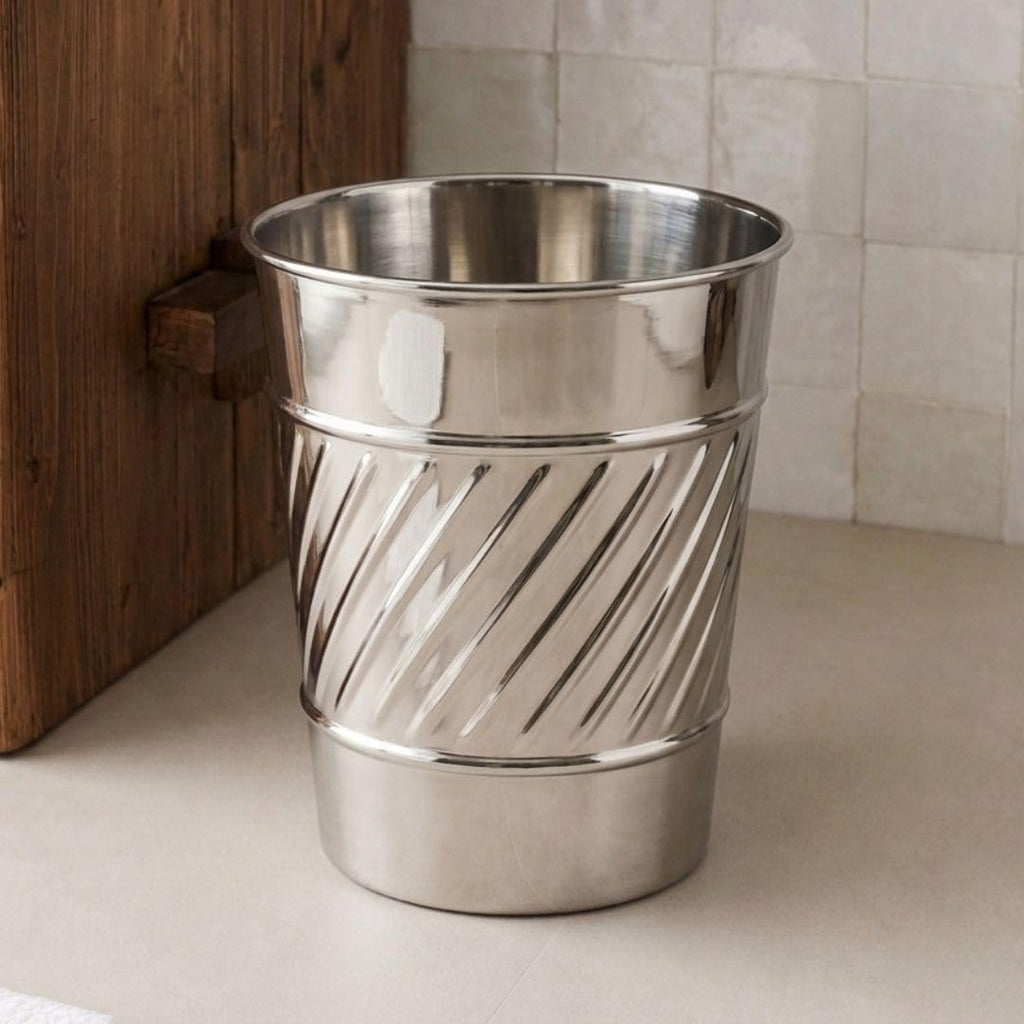 Monarch Abode Metal Bathroom Trash Can – Waste Basket for Bedroom, Office Desk, & Dorm, Handcrafted Wave Embossed, Durable Decorative Nickel Chrome Small Trash Can Bathroom Garbage Bin Wastebasket