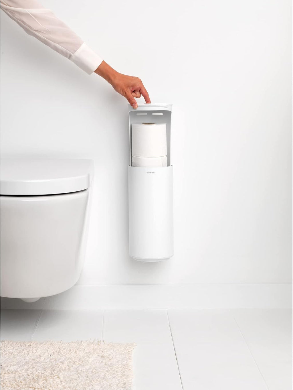 Brabantia Mindset Toilet Roll Dispenser (Mineral Fresh White) Anti-Rust, Discreet Bathroom Tissue Holder, 2 Spare Rolls (Ø 5.37") Wall-Mountable Tidy Storage