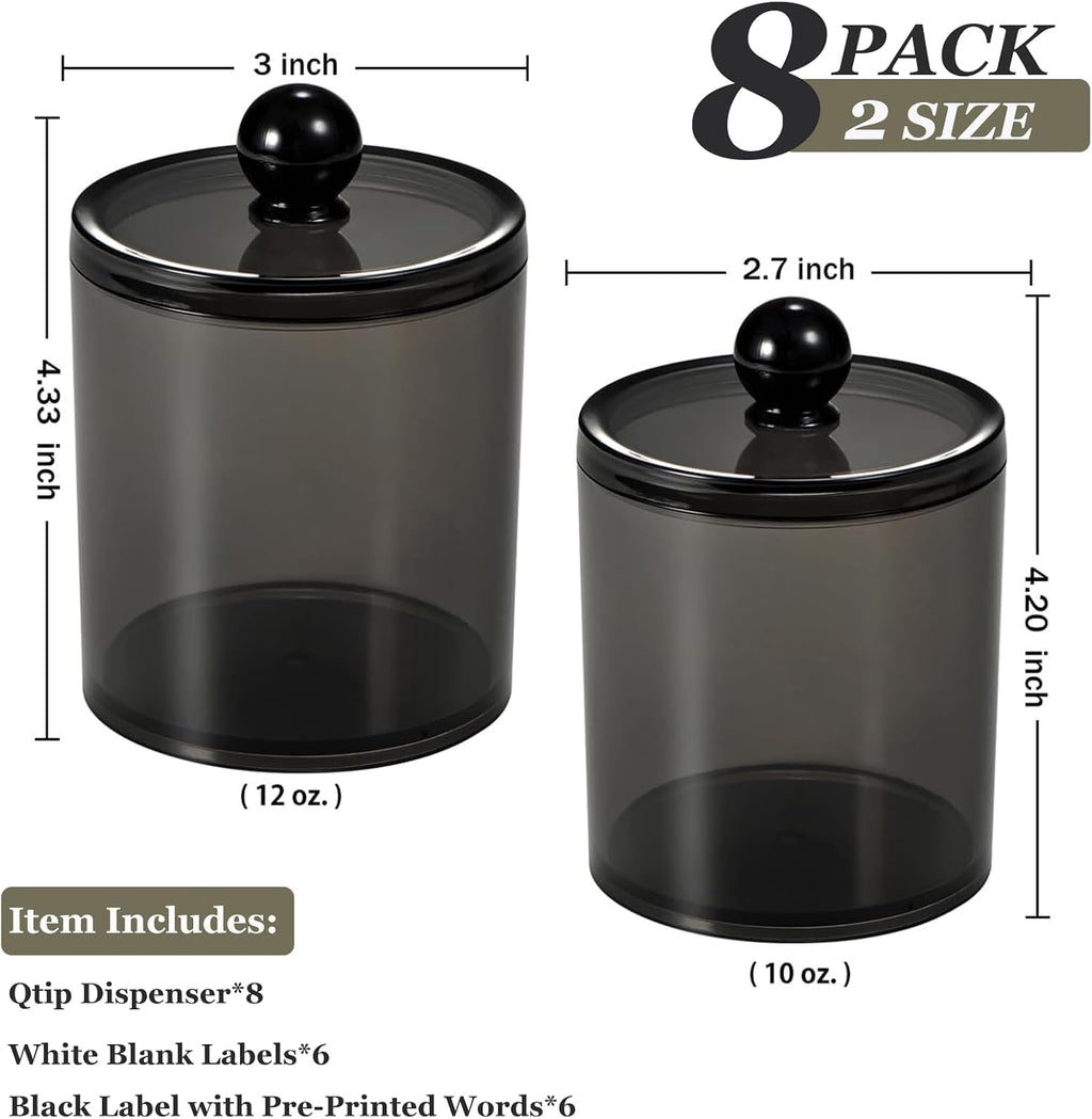 SheeChung 8 Pack Black Qtip Holder,Acrylic Apothecary Jars with Lids