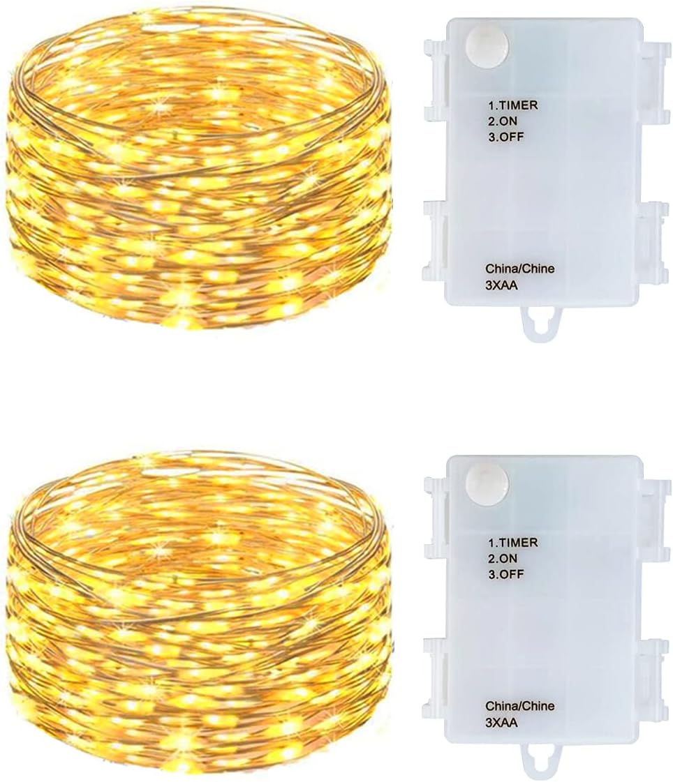 2 Set Battery Operated Mini Led Fairy Lights Dewdrop Lights with Timer 6 Hours on/18 Hours Off for Christmas Party Decorations,50 LEDs,17 Feet Silver Wire (Warm White)