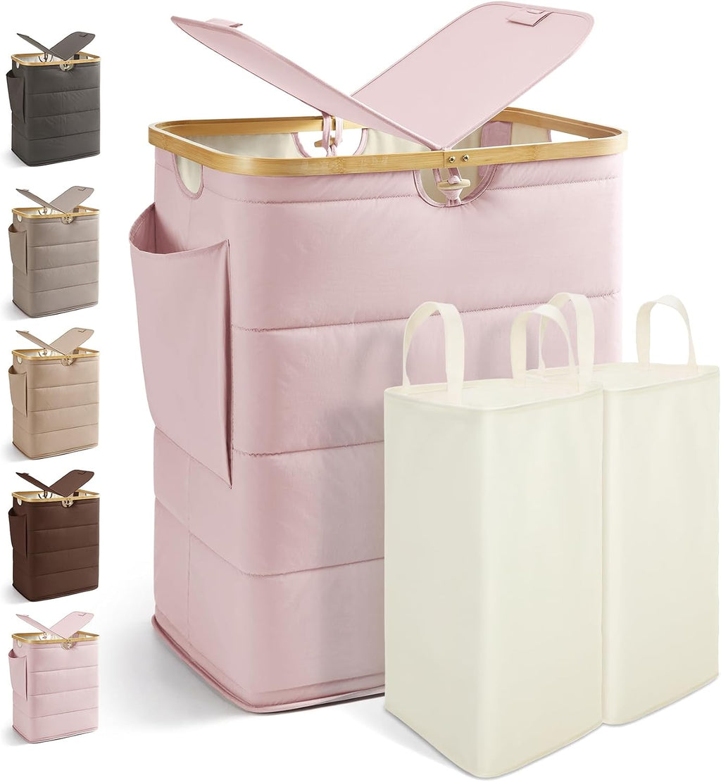 MIZATTO 2 Section Laundry Hamper with Lid, 140L Quilted Puffer Basket