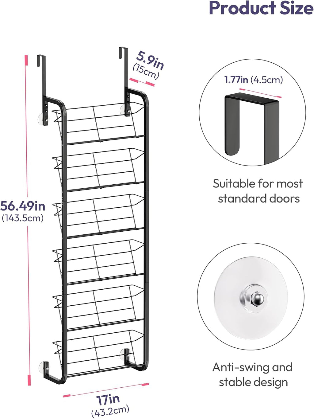 SWTYMIKI Over the Door Shoe Organizer - 6 Tier Wall Mount Shoe Rack for Door Storage- Heavy Duty Metal Hanging Shoes Shelf for Flats, Heels, Sneakers, Boots Black