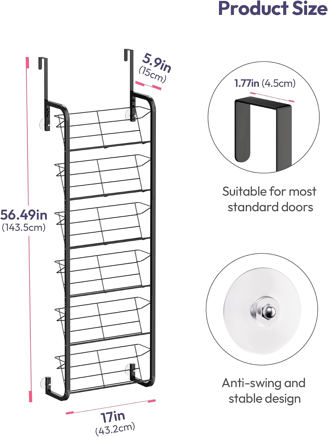 SWTYMIKI Over the Door Shoe Organizer - 6 Tier Wall Mount Shoe Rack for Door Storage- Heavy Duty Metal Hanging Shoes Shelf for Flats, Heels, Sneakers, Boots Black