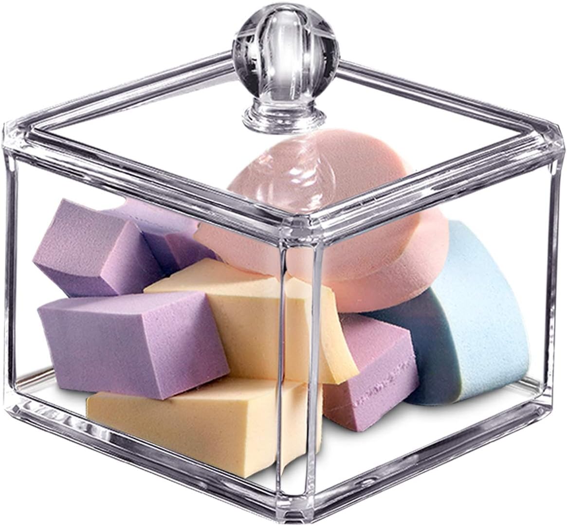 SheeChung Square Acrylic Qtip Holder, 1 Pack Bathroom Canisters with Lid
