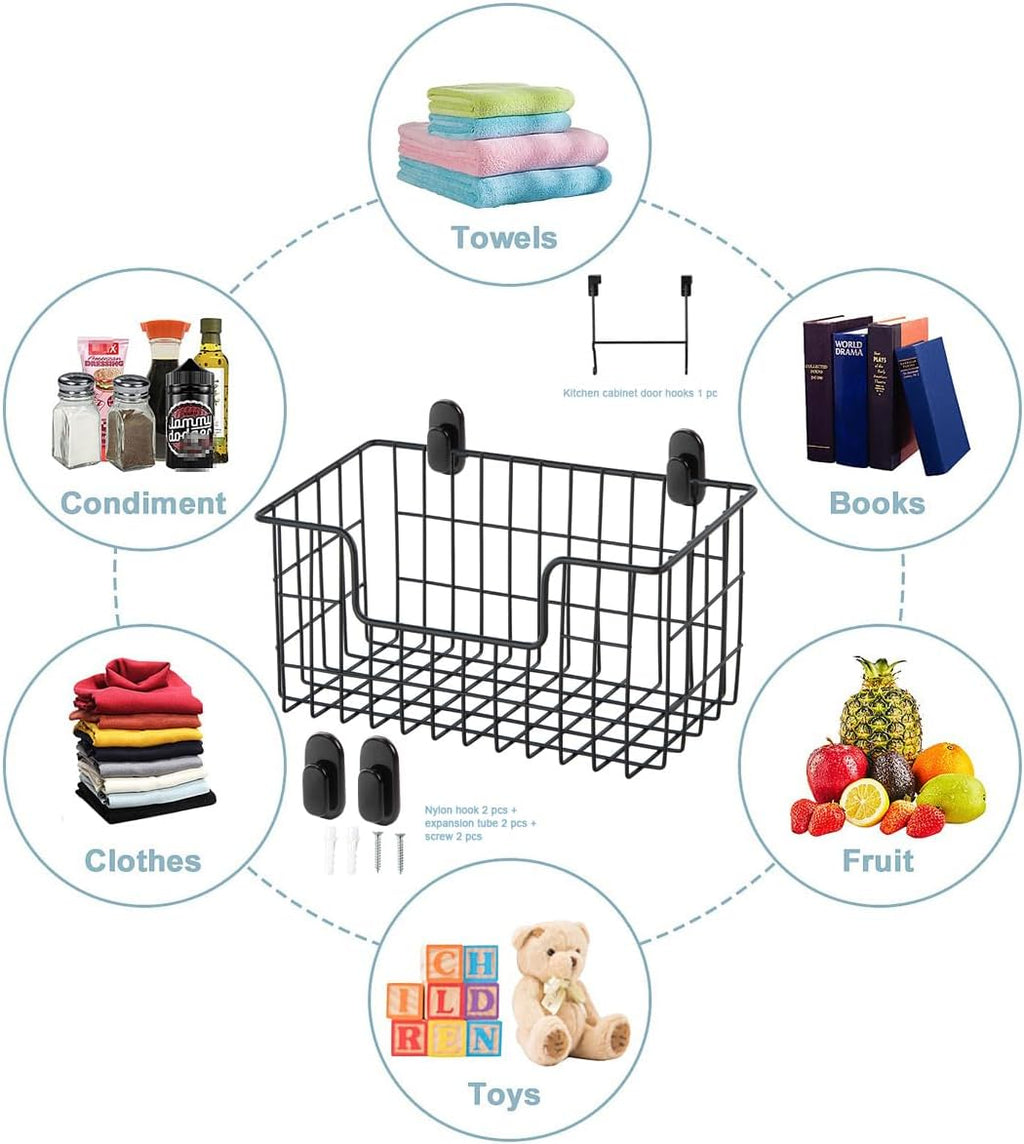 JUNCHU CHERRY Wire Storage Basket 2 Packs, Wall Mounted Kitchen Bathroom, Hanging Cabinet Door Storage Basket, no Drilling, Supporting 2 Types of Hooks, Strong Bearing, Suitable for Home, Black