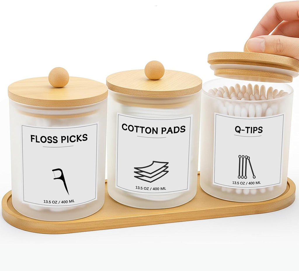 3Pack Glass Qtip Holder with Bamboo Tray, Cotton Ball Holder, 13.5 oz Apothecary Jars Bathroom Canisters with Lids, Bathroom Jars for Floss Picks, Cotton Swabs, Balls, Pads (Frosted)