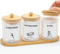 3Pack Glass Qtip Holder with Bamboo Tray, Cotton Ball Holder, 13.5 oz Apothecary Jars Bathroom Canisters with Lids, Bathroom Jars for Floss Picks, Cotton Swabs, Balls, Pads (Frosted)