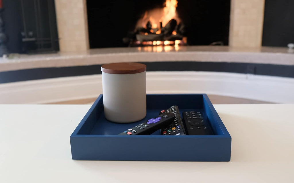 10"x10" Small Square Wood Decorative Tray for Office, Ottoman, Bathroom, Entry, Remote Controls, Countertop Organizer, Candle Tray - Twilight Blue
