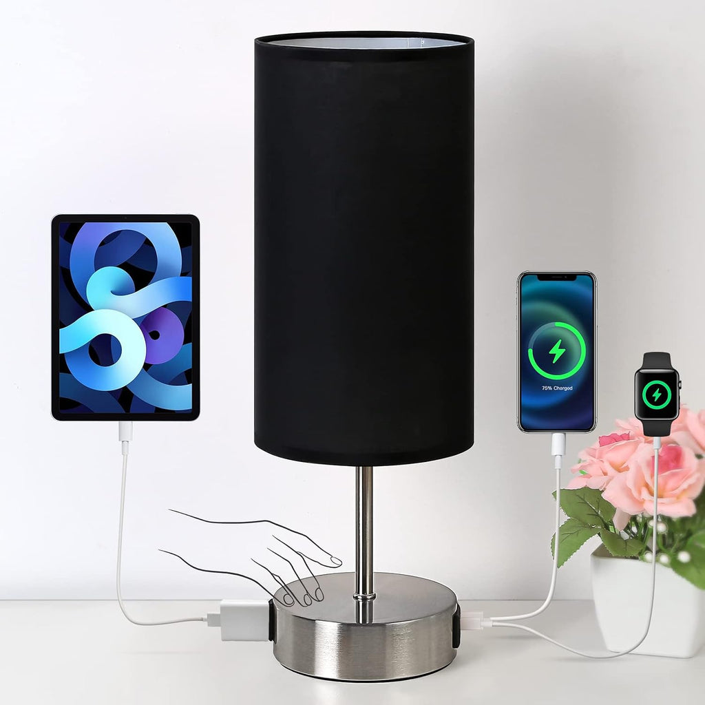 Yarra-Decor 【Upgraded Bedside Lamp with USB A+C Charging Ports & AC Outlet Touch Control Table Lamp for Bedroom 3 Way Dimmable Nightstand Lamp with Black Shade for Home,Office, Dorm(Bulb Included)