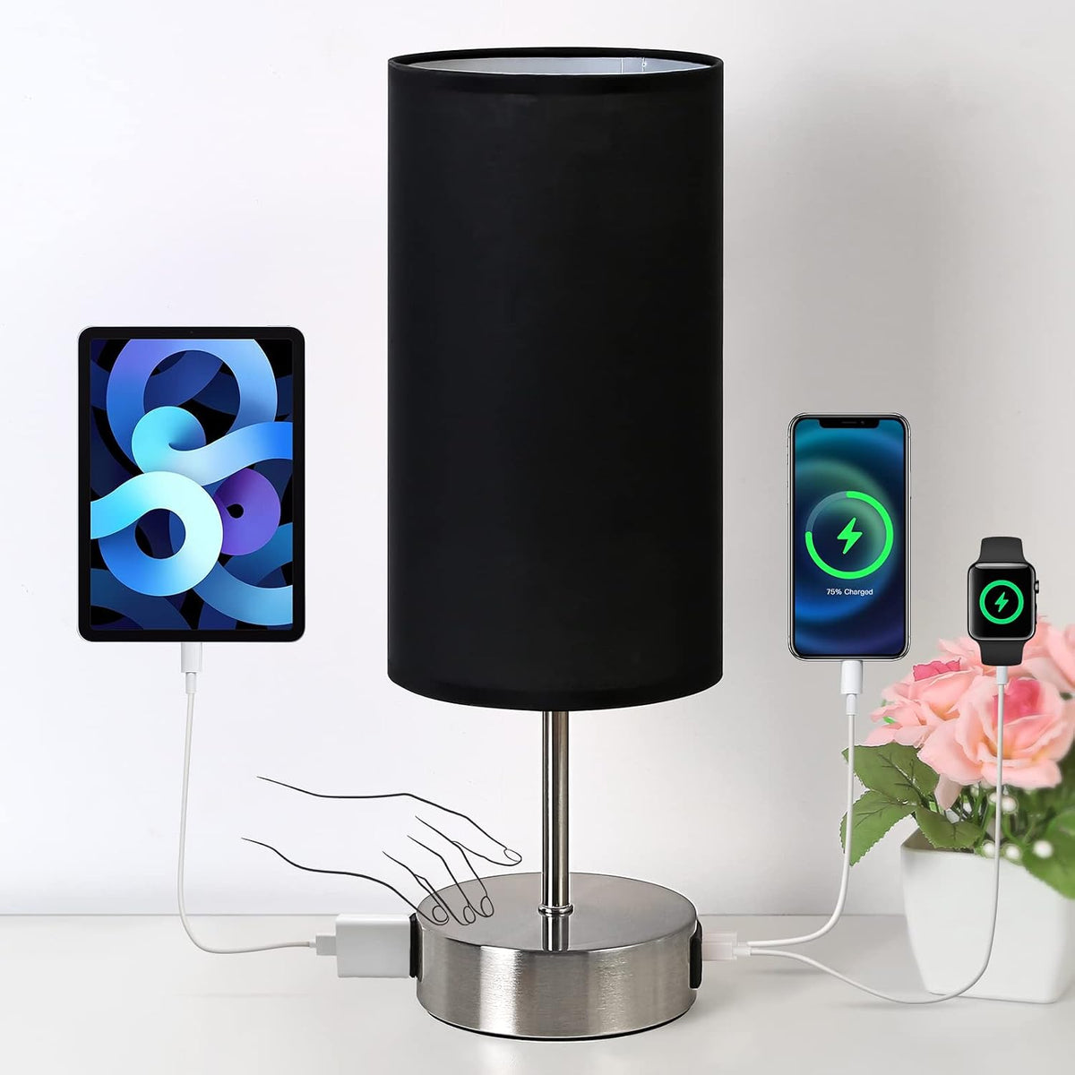 Yarra-Decor 【Upgraded Bedside Lamp with USB A+C Charging Ports & AC Outlet Touch Control Table Lamp for Bedroom 3 Way Dimmable Nightstand Lamp with Black Shade for Home,Office, Dorm(Bulb Included)