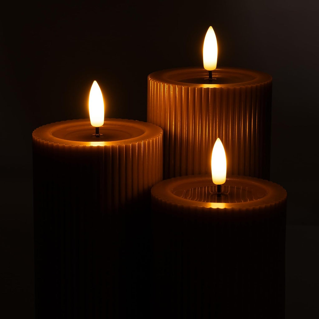 Fluted Ribbed LED Pillar Candles, Brown, with Realistic Reflective Melted-Wax Effect – Flickering Flame, Remote, Dimmable, Flameless, Battery Operated, Home & Wedding Decor (Set of 3)
