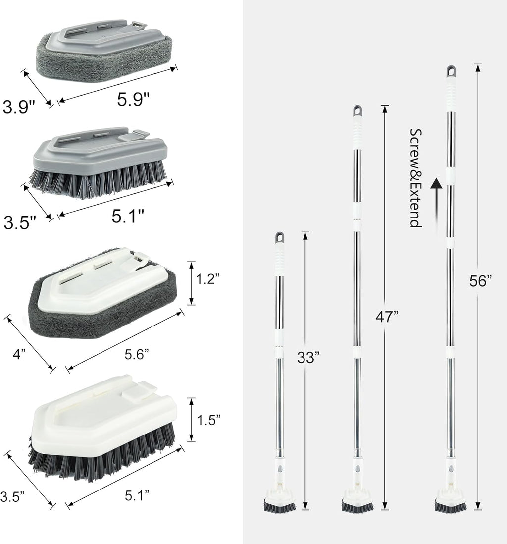 Shower Tile Tub Scrubber Brush with 4 Cleaning Heads,Floor Scrub Brush with 56''Long Handle, Shower Cleaner Brush & Grout Cleaner Brush Set for Shower,Tile, Tub, Bathroom,Kitchen,Walls,Sink