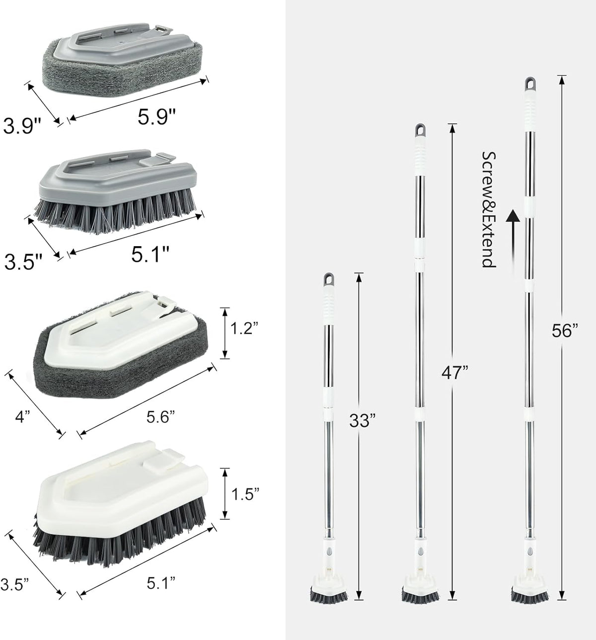 Shower Tile Tub Scrubber Brush with 4 Cleaning Heads,Floor Scrub Brush with 56''Long Handle, Shower Cleaner Brush & Grout Cleaner Brush Set for Shower,Tile, Tub, Bathroom,Kitchen,Walls,Sink