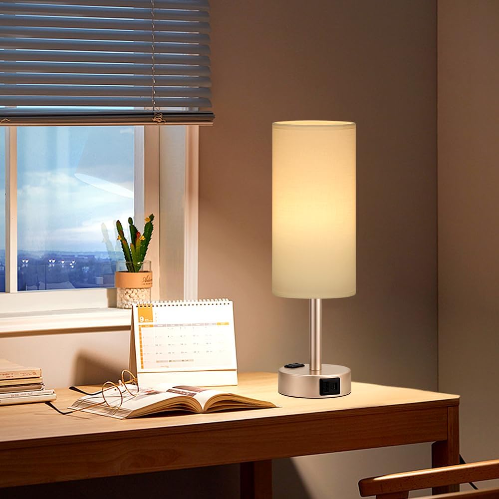 Antique White Bedside Table Lamp, Dimmable Touch Lamp, USB A+C, AC Outlet