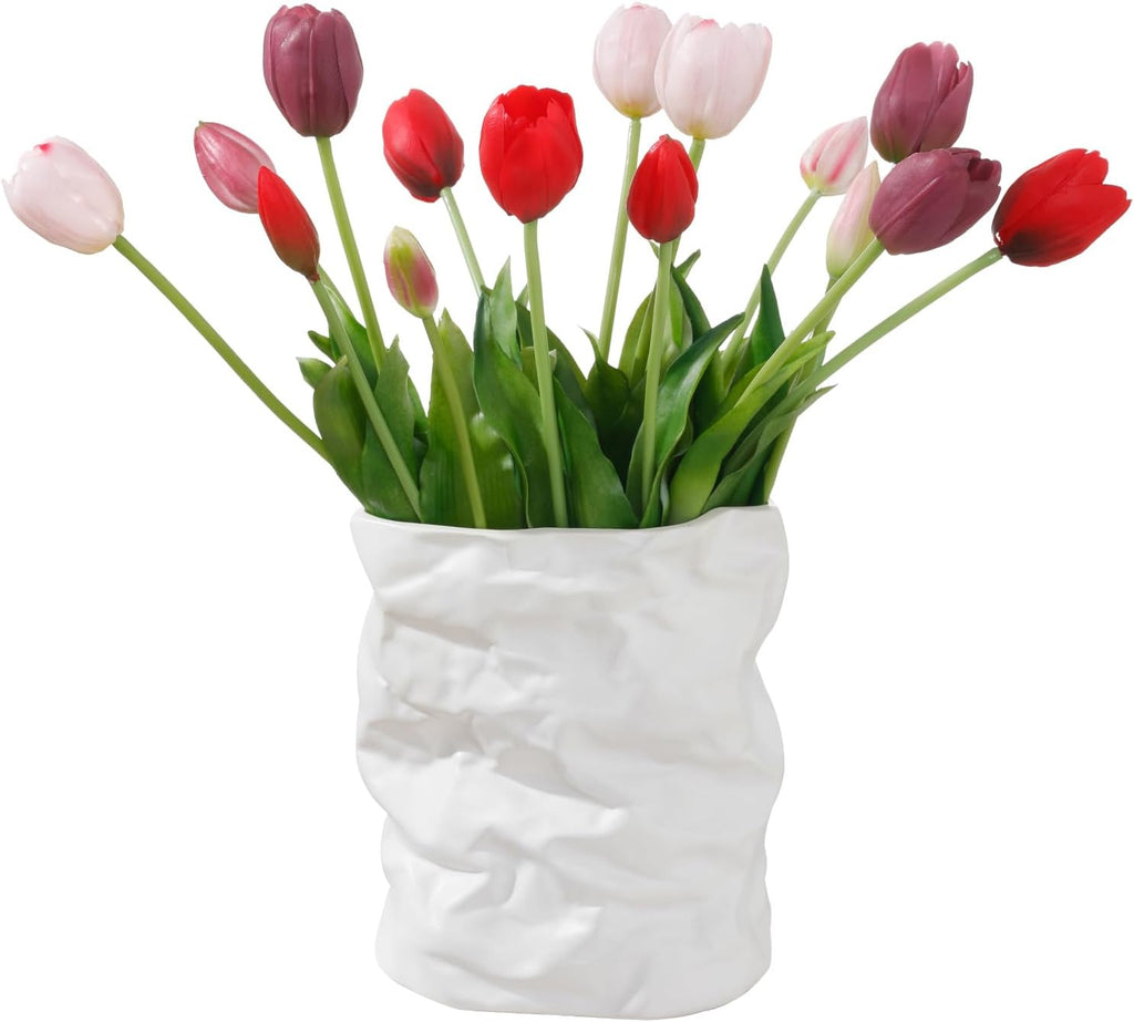 15 Pcs Light Pink-Red-Deep Purple Artificial Tulips Fake Flowers, Premium Latex Lifelike Texture, UV Resistant Waterproof Faux Tulip Bouquets with Snap-on Petals for Outdoor, Home, Wedding Decor
