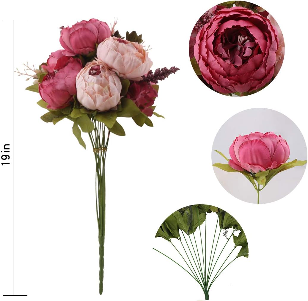 Silk Peony Bouquet Vintage Artificial Peonies Flower for Home Wedding Party Decor (1pcs, Dark Pink)