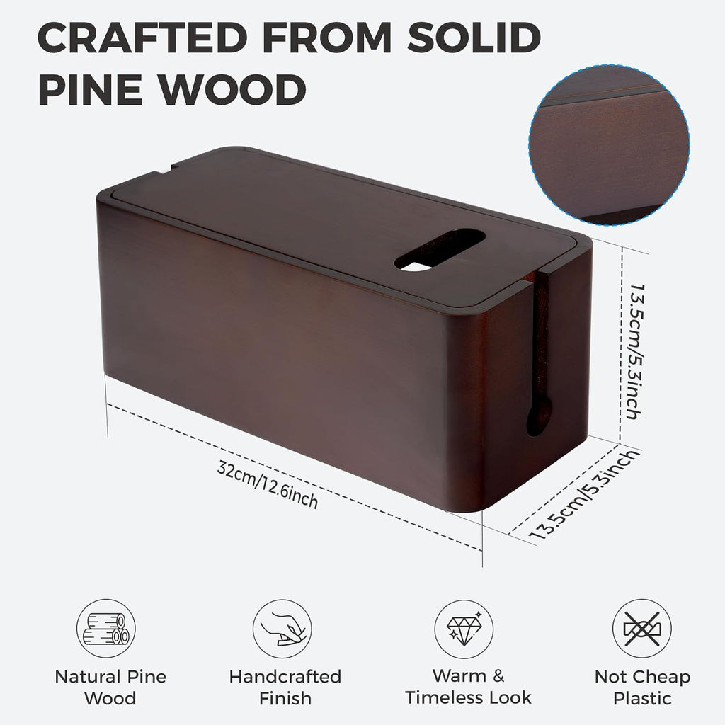 Large Wooden Cable Management Box, Cord Organizer for Power Strip, Surge Protector & Chargers, Ventilation Holes & Multi Cable Slots, Wire Hider for Desk, TV, Office & Gaming Setup