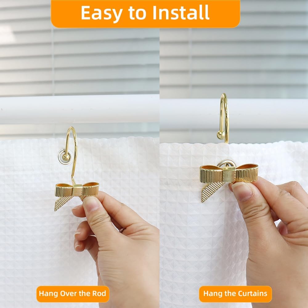 Decorative Shower Curtain Hooks, Luxury Bowknot Shower Curtain Rings, Modern Bow Shower Curtain Hangers, 12PCS Shower Hooks for Home Decor, Bathroom, Bedroom, Living Room (Gold)