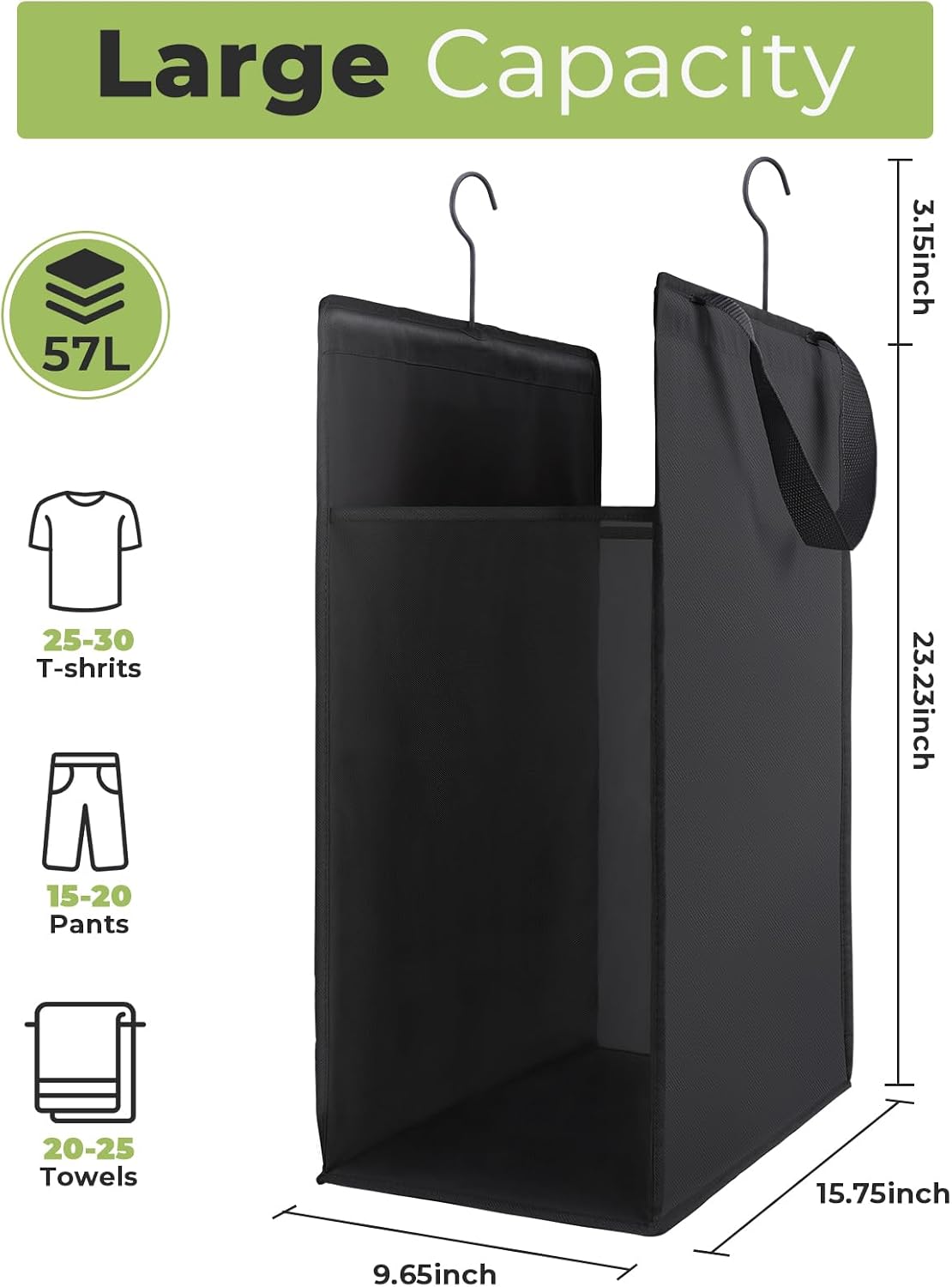FENTEC 1 Pack Black Hanging Laundry Hamper，Laundry Hamper Bag with Handles