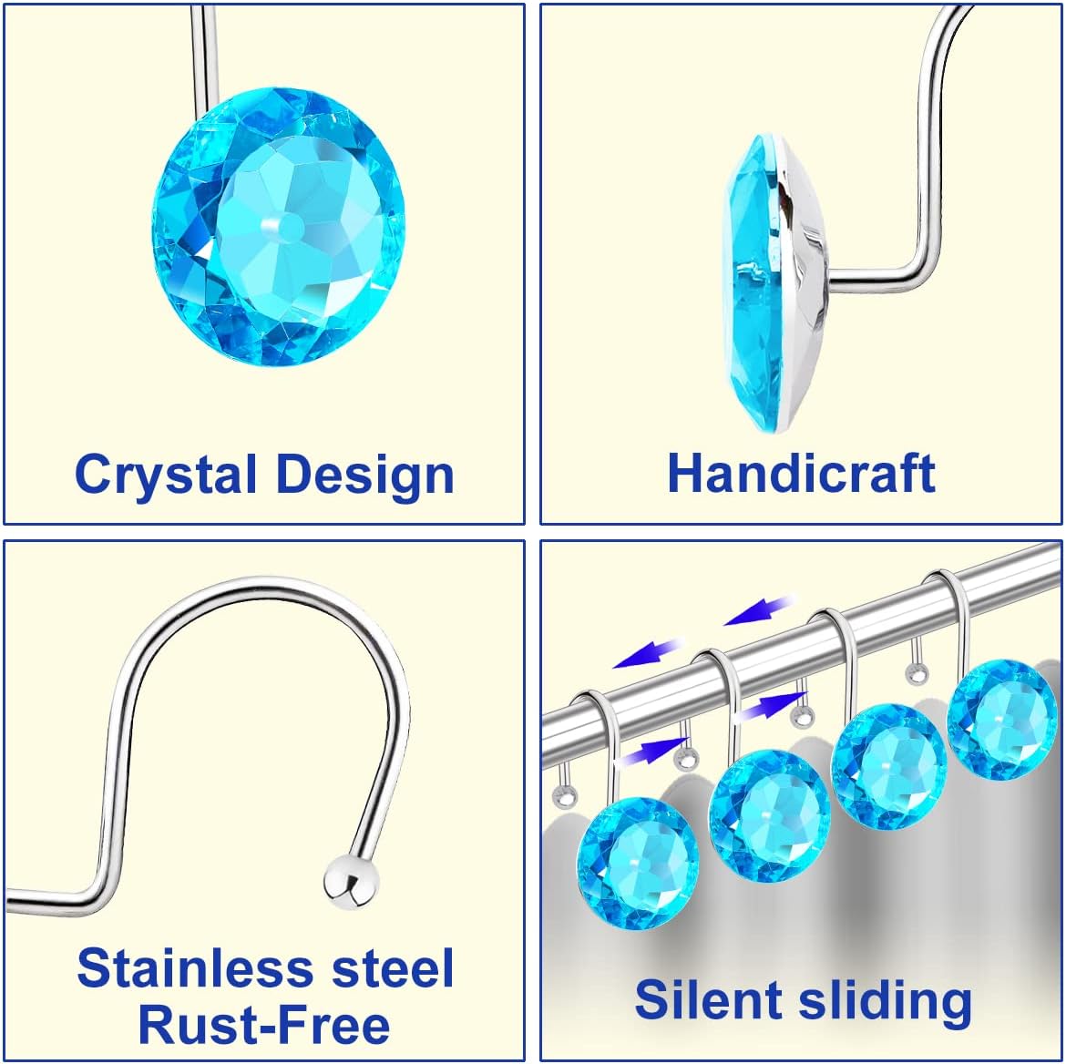 12PCS Stainless Steel Shower Curtain Hooks Rings for Bathroom, RustProof Metal Crystal Rhinestones Bling Shower Curtain Rings Hangers for Shower Curtains Decorative, Round Heavy Duty Hooks (Aqua Blue)