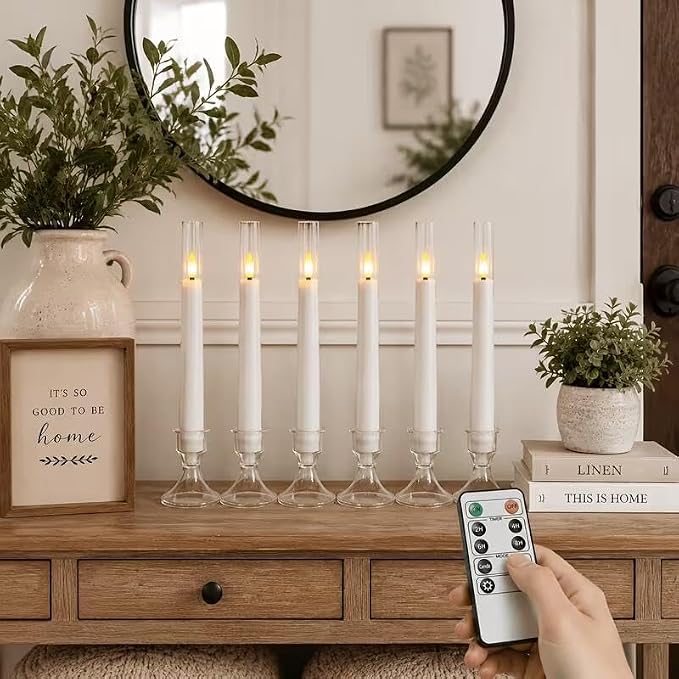 MUMCHASI White Flameless Candles, Battery Operated Taper Candles for Wedding, 6 Pcs LED Candlesticks, Acrylic Flickering Candlelights with Remote for Home Table Wedding Party Decor H9.45”