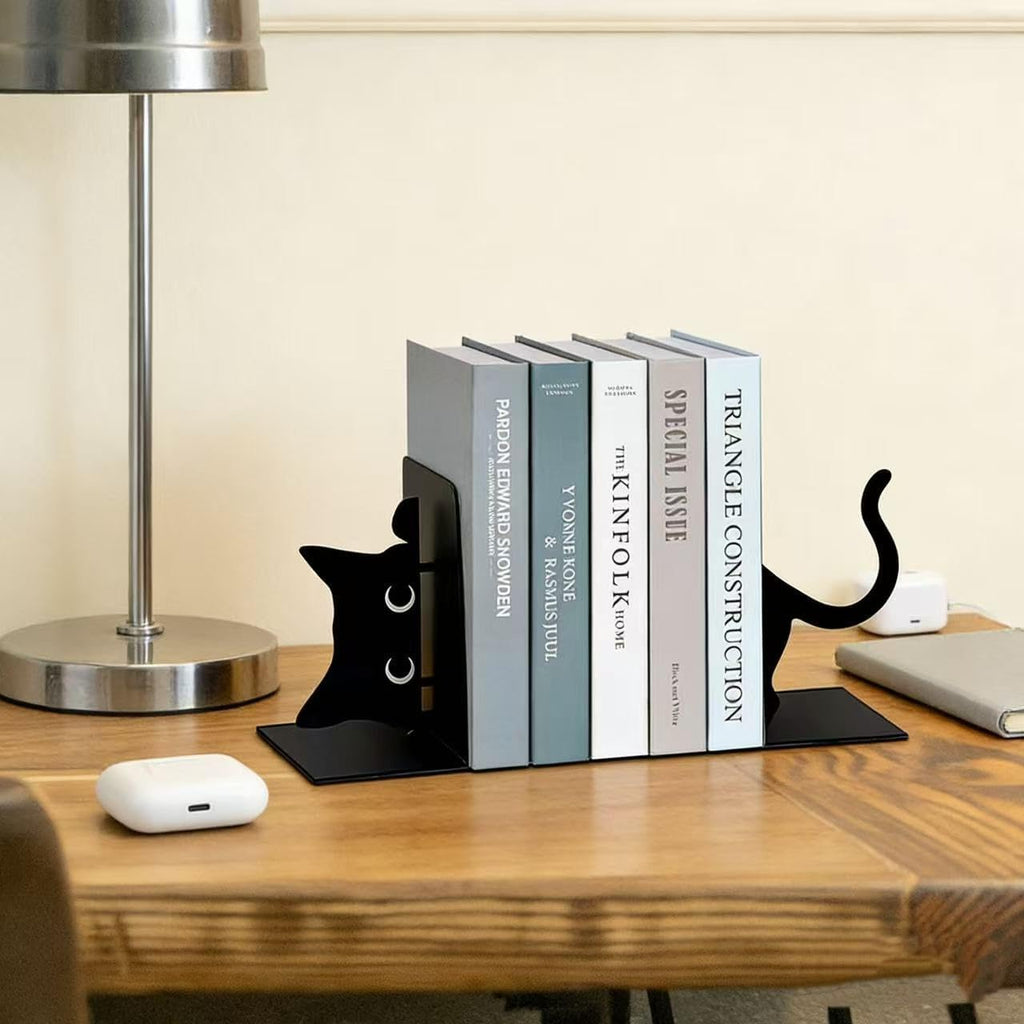 Cat Metal Bookends Set of 2 Unique Cat Design Decorative Bookends for Bookshelf Office Desk Home Decor for Cat Lovers and Reading Enthusiasts