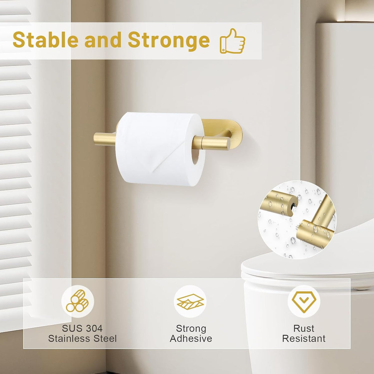 Brushed Gold Self Adhesive Toilet Roll Paper Holder No Drill for Bathroom